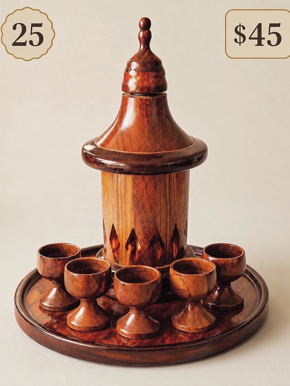 Luxury Vintage Hand-Carved Wood Decanter & Cordial Cup Set - signed